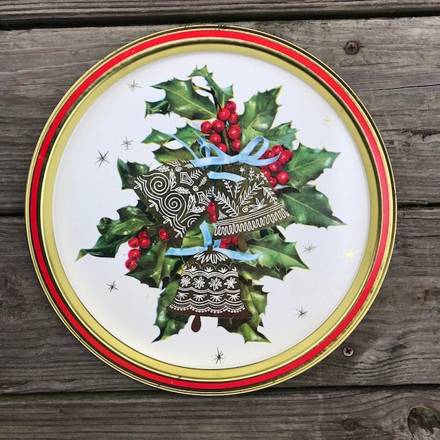 Vintage Metal Christmas Serving Tray Shiny Gold Bells Green Etsy UK