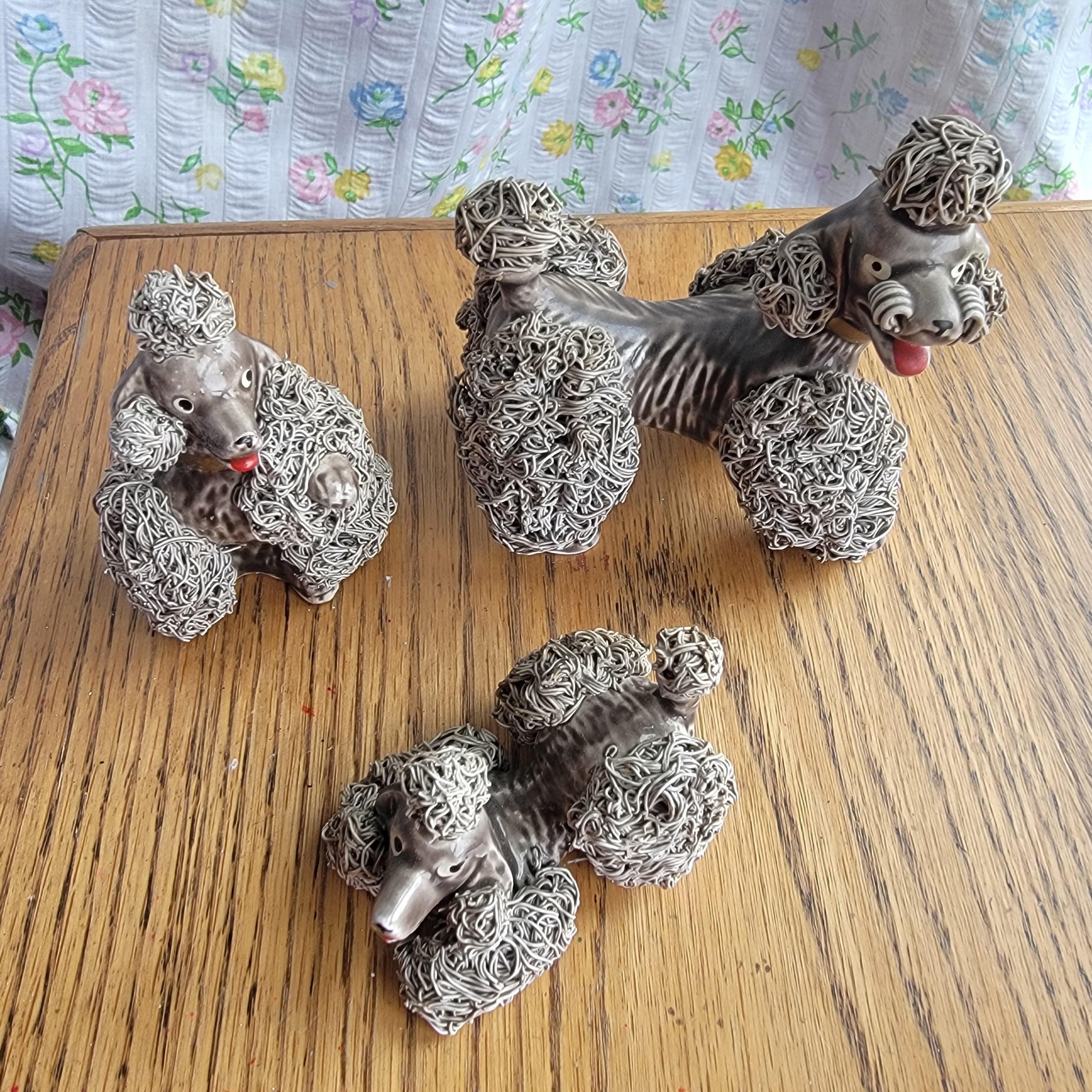 Set of 3 Vintage Grey Porcelain Spaghetti Poodle Dog Figurines