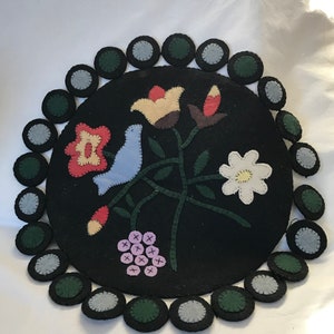 Hand Applique Stitchery Birds Flowers Doily Placemat Table Runner Felt Round Circles Centerpiece Purple Beige Blue Red Yellow Green