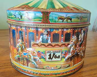 Vintage Churchill&#39;s of London carousel metal tin box with lid - empty, cream toffees 12.3 oz.