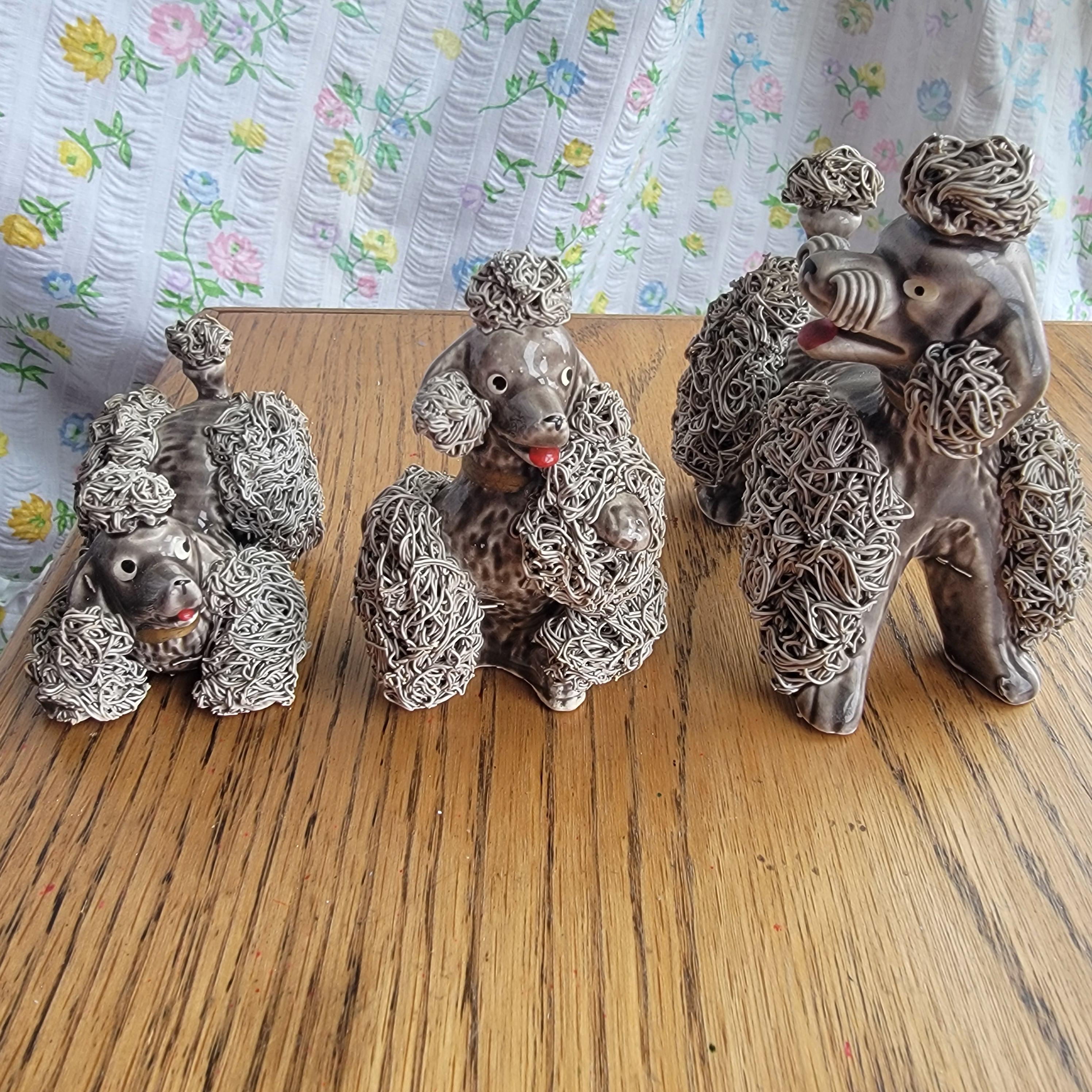 Set of 3 Vintage Grey Porcelain Spaghetti Poodle Dog Figurines