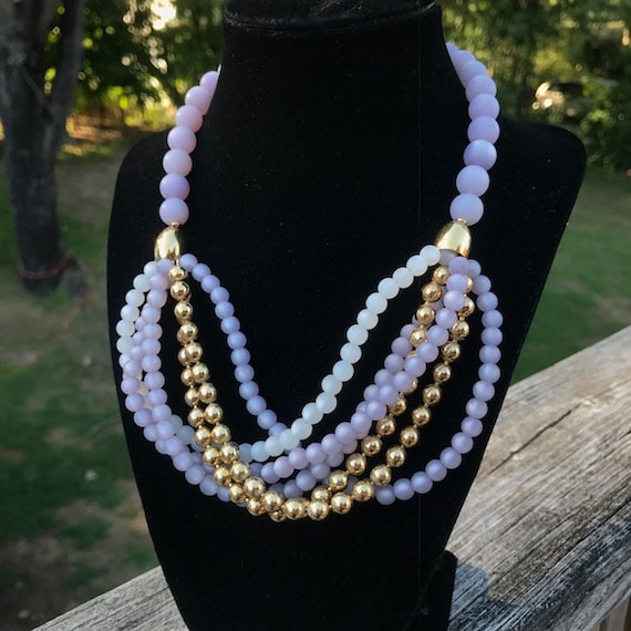 Vintage Napier Beaded Necklace Light Purple White Gold Plastic Beads 6 Layered Strands Bib Collar Short Chunky Statement Clip Clasp Etsy