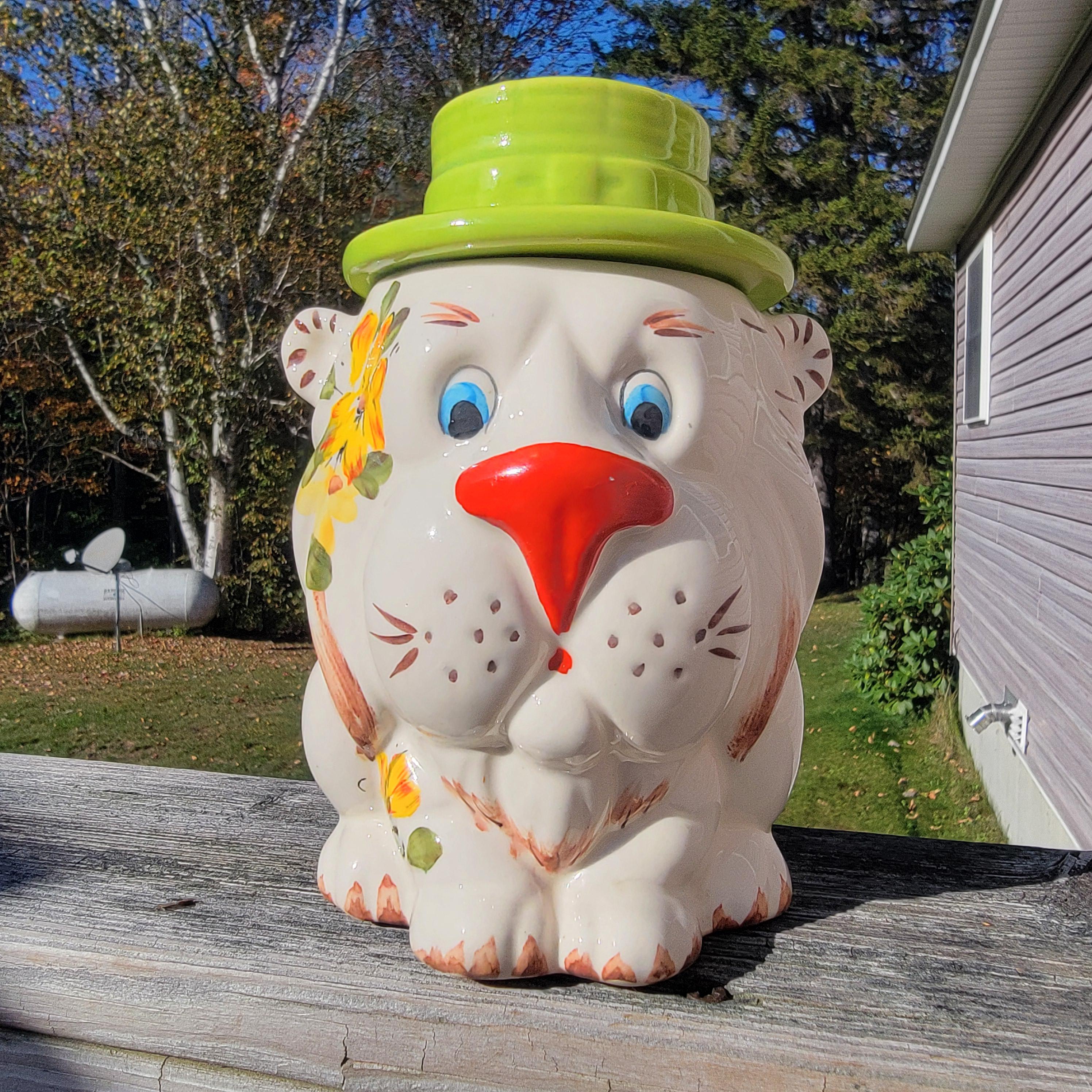 Vintage Cookie Jar - Lion With a Straw Hat and Flowers - Hand