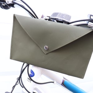 Olive green bike handlebar bag PVC-coated polyester water-resistant with snaps/cotton straps -tear resistant -small -vintage cruiser style