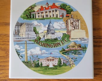 Vintage Washington D.C. souvenir porcelain tile - White House, Washington Monument, U.S. Capitol