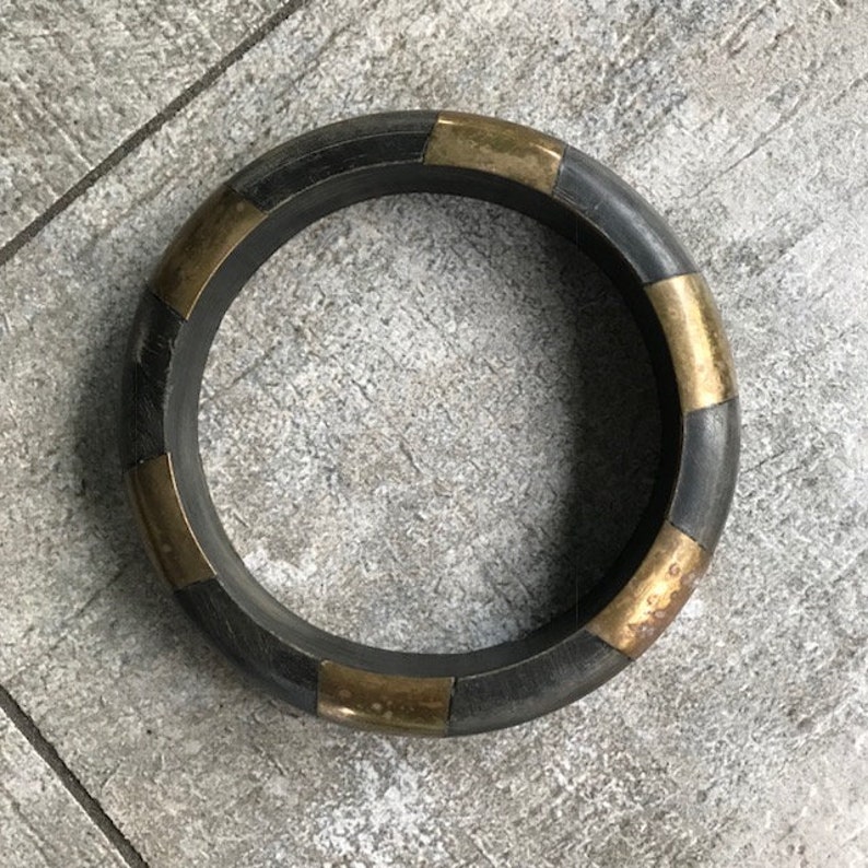 Vintage Horn and Brass Bangle Bracelet Chunky Carved Black Etsy