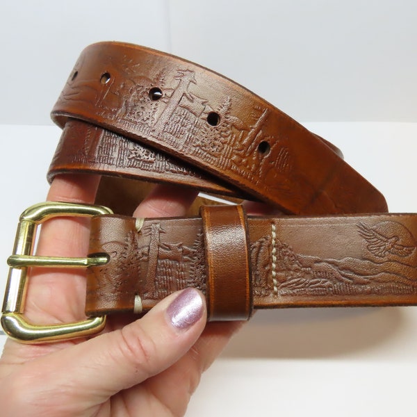 IMPERFECT 37" Handmade 100% cow hide brown leather belt embossed deer eagles bears trees mountains solid brass buckle I FULL GRAIN 1.5" wide