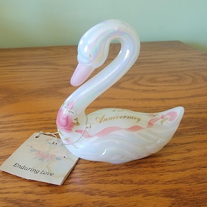 Vintage Fenton Enduring Love 1st anniversary glass swan figurine - opalescent white with pink flowers 1989