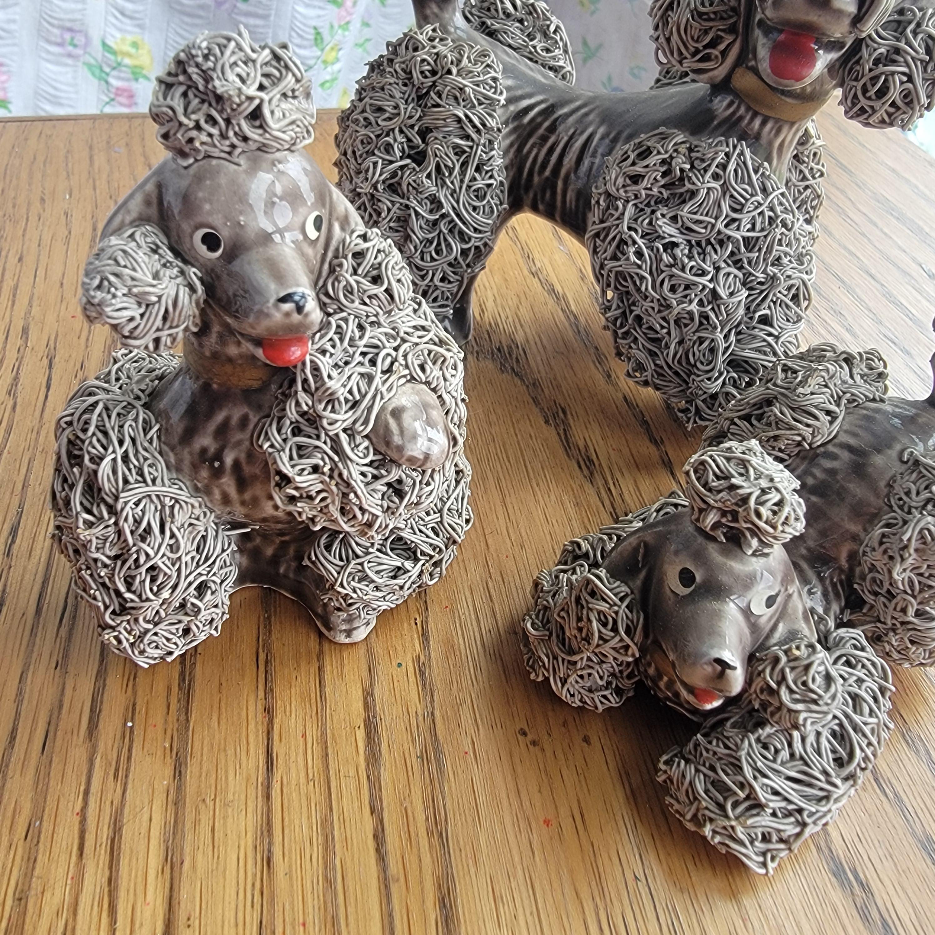 Set of 3 Vintage Grey Porcelain Spaghetti Poodle Dog Figurines