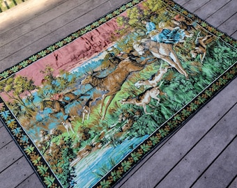 Vintage hunting scene large tapestry or rug - made in Italy - velvet horses deer riders dogs - 74&quot; x 49&quot;