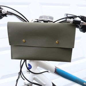 Olive green bike handlebar bag PVC-coated polyester water-resistant with snaps/cotton straps -tear resistant -small -vintage cruiser style