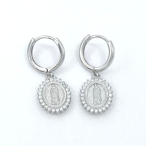 Guadalupe Silver Hoop earrings Dangling Oval Virgen Guadalupe Charm hoop earring Huggie earring Religious gift Sterling Silver 925 12mm CZ