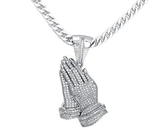 Sterling Silver Praying Hands Necklace: Cubic Zirconia Crystal Religious Pendant