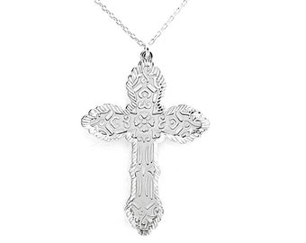 Filigree Sterling Silver Cross Necklace: Diamond Cut Religious Pendant