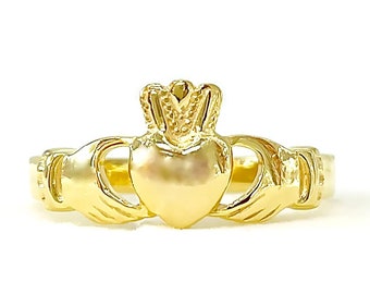 Gold Claddagh Ring over pure fine Sterling Silver 925 Irish Celtic Claddagh Ring  Irish Heart ring Yellow Gold tone Irish heart gold ring