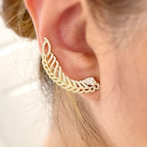 Crawler Stud Earring Climber earring Yellow Gold Clear Cubic Zirconia Crystals Feather Crawler Earring Made with fine sterling silver 925