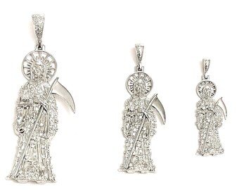 Sterling Silber Santa Muerte Anhänger: Klare CZ Kristalle, Sensenmann