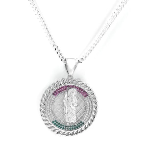 Saint Jude Necklace St Jude Religious Silver Necklace St Jude Medallion Necklace sterling silver 925 Cubic Zirconia red white green crystals
