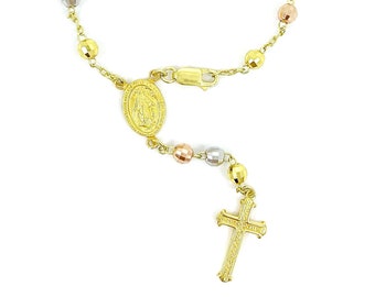 Tri-Tone Gold Rosary Bracelet: Sterling Silver 925 Faceted Bead Cross Bracelet