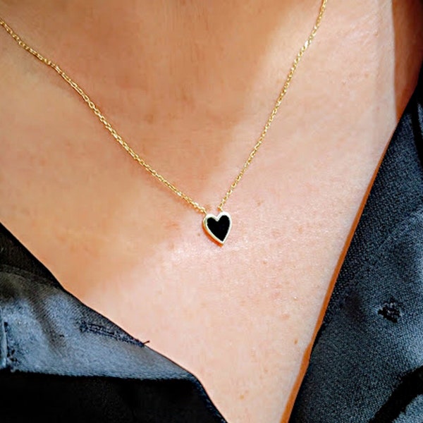 Black Heart Necklace 8mm Small Black heart charm necklace gold over Pure sterling silver 925 Dainty heart necklace Black theme wedding