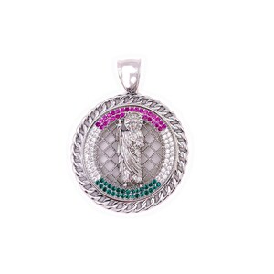 Saint Jude Round Pendant St Jude Pendant Religious Pendant Cubic Zirconia round religious Medallion red clear, green cubic zirconia crystals