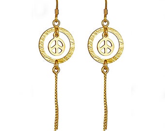 Gold Peace Sign Dangle Earrings: Sterling Silver 925