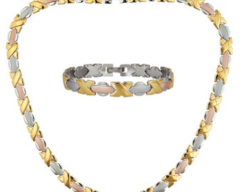 XOXO Stainless Steel Necklace Bracelet Set - Three Tone Stampato Style