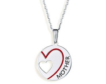 Mother Red Heart Round Pendant Necklace Real Sterling Silver 925 Mothers Day Gift