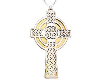 Two Tone Sterling Silver Celtic Cross Necklace - Irish 18" Chain