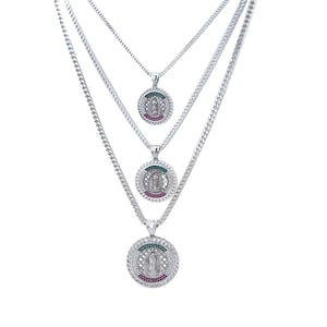 Virgin Guadalupe Silver Necklace Collar Virgen de Guadalupe red clear green cubic zirconia crystals Sterling silver 925 Religious Necklace