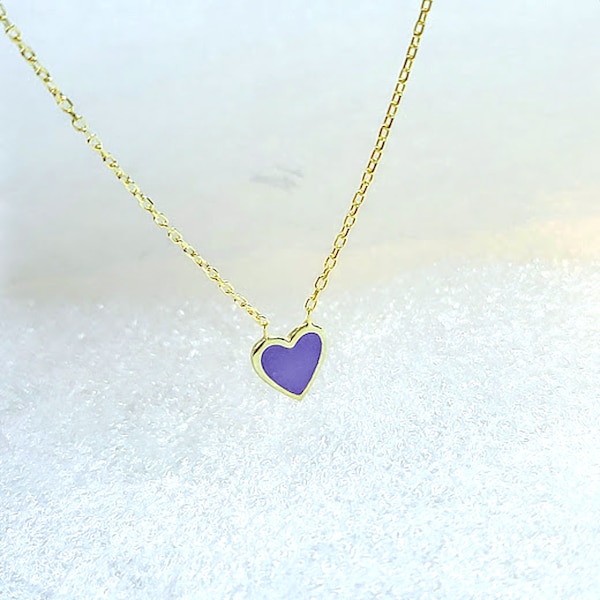 Purple Heart Charm Gold Necklace 17 inches long 18k Yellow Gold on sterling silver 925 Purple Bridal Party gift 8mm Purple heart necklace
