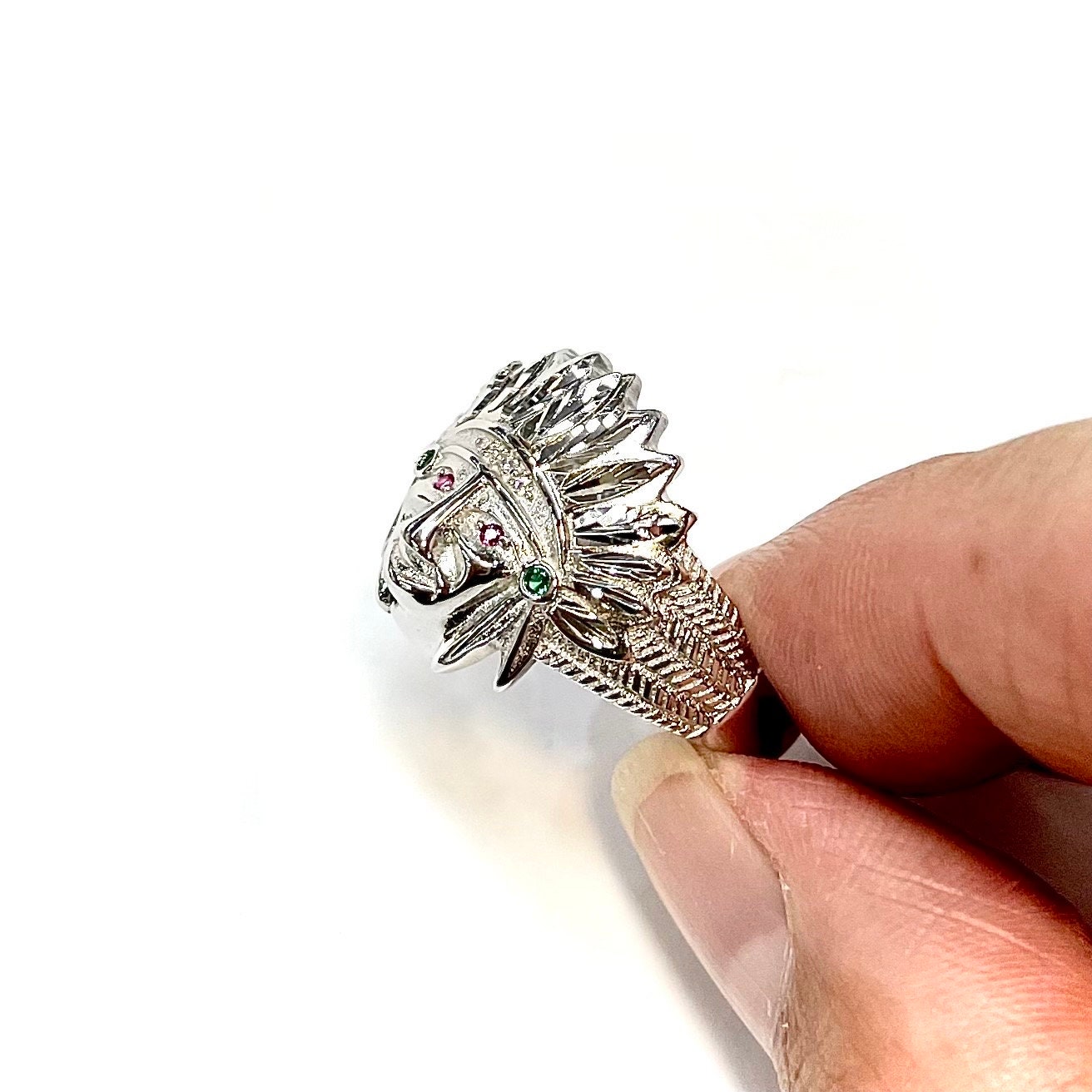 Sterling Silver 925 Native American Chief Ring With Cubic Zirconia