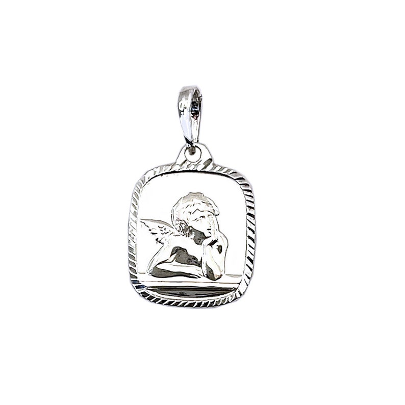 May include: Silver pendant featuring a cherub with wings, resting its head on its hand, inside a square frame with a textured border.