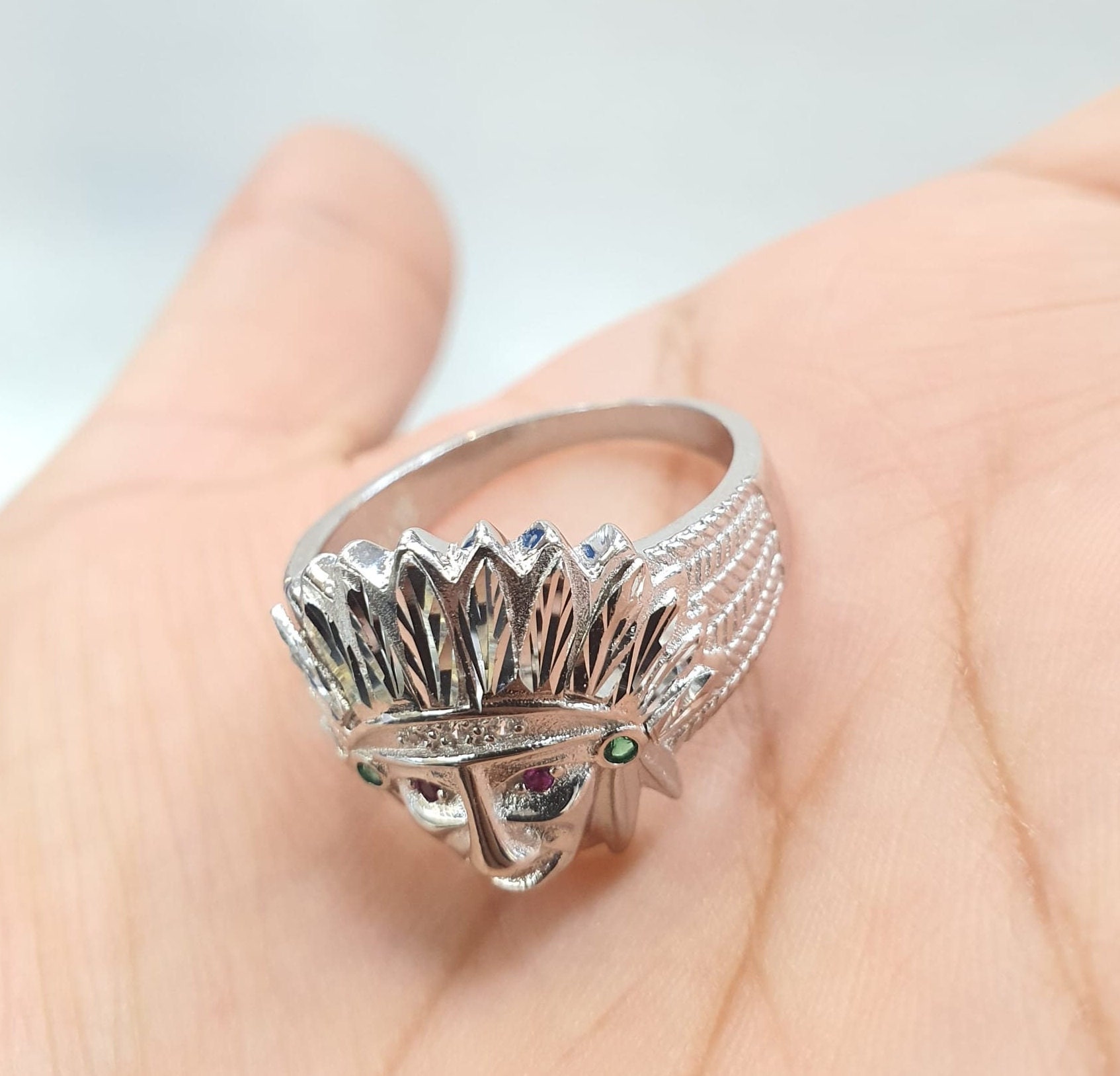 Sterling Silver 925 Native American Chief Ring With Cubic Zirconia