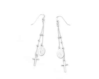 Rosary Earrings long dangling Rosary earrings cross charm earrings Virgen Marry Oval Charm Religious rosary earrings sterling silver 925