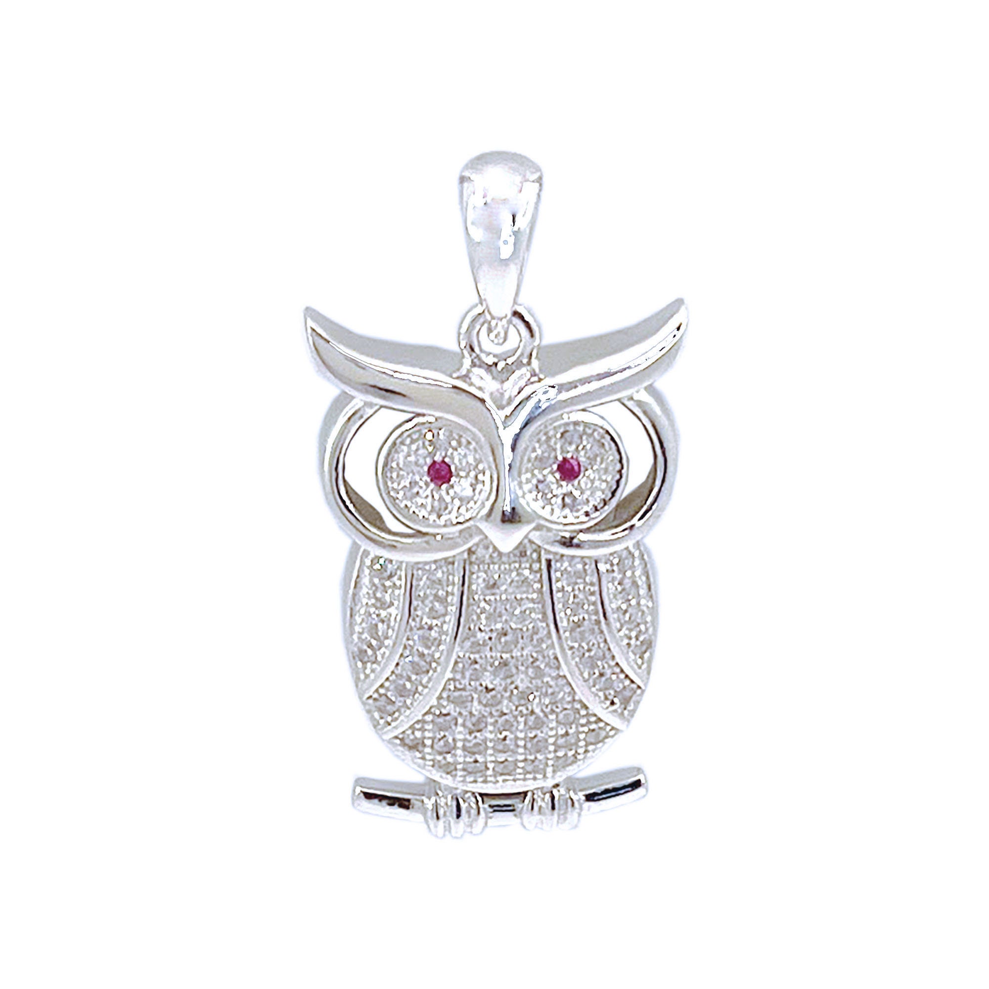 Sterling Silver Owl Pendant: Cubic Zirconia Crystals, Red Eyes