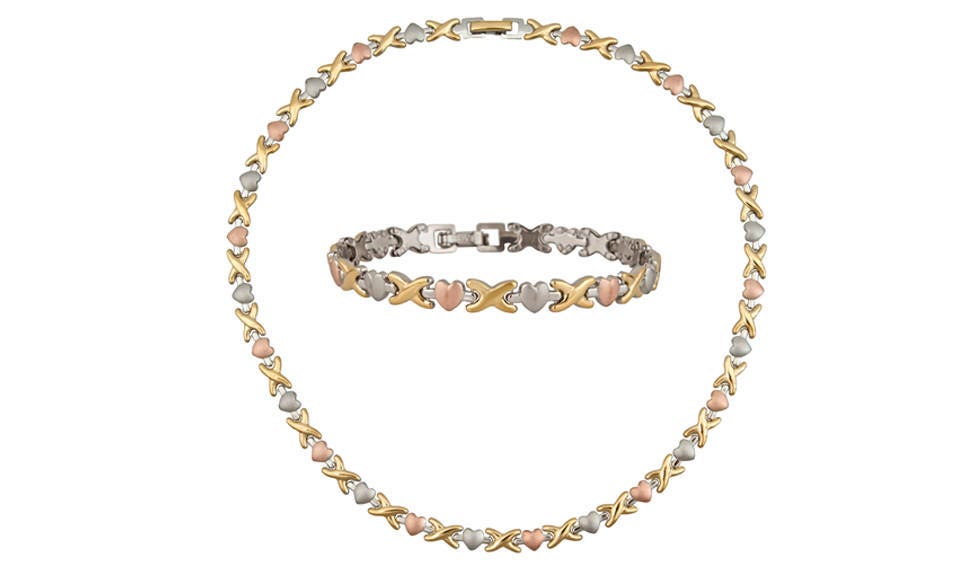 Hugs and Kisses Necklace Bracelet Earring Set Stampato Stainless Steel Gold Tone Hugs and Kisses Necklace Bracelet Earring Set Stampato Stainless Steel Gold Tone