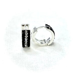 Sterling Silver 925 Hoop Earrings: Black and White Crystal, 15mm