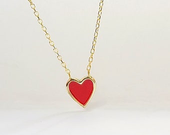 Red Heart Gold Necklace 17 inches long Pure Sterling Silver 925 18k Gold tone  Small 8mm Red heart Charm Necklace girlfriend gift