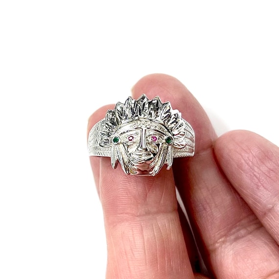Sterling Silver 925 Native American Chief Ring With Cubic Zirconia