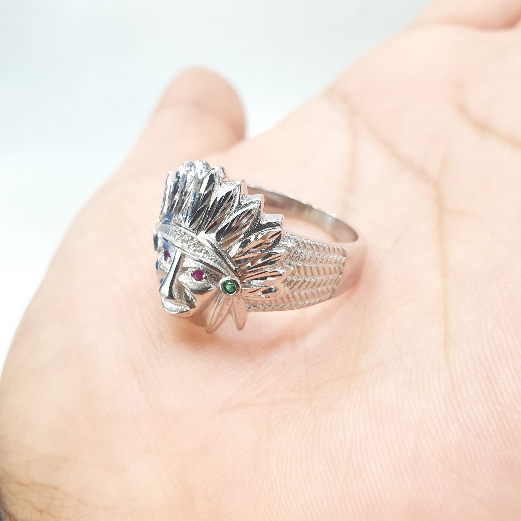 Sterling Silver 925 Native American Chief Ring With Cubic Zirconia