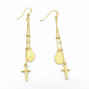 Rosary Gold Earrings long dangling Rosary earrings cross dangling earring Religious rosary earrings 18k Yellow Gold over sterling silver 925