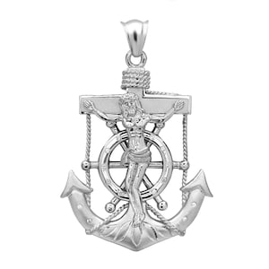 Sterling Silver Nautical Anchor Cross Pendant: Jesus, Mariners Wheel
