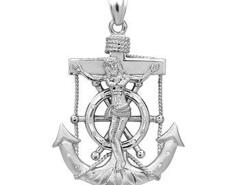 Sterling Silver Nautical Anchor Cross Pendant: Jesus, Mariners Wheel