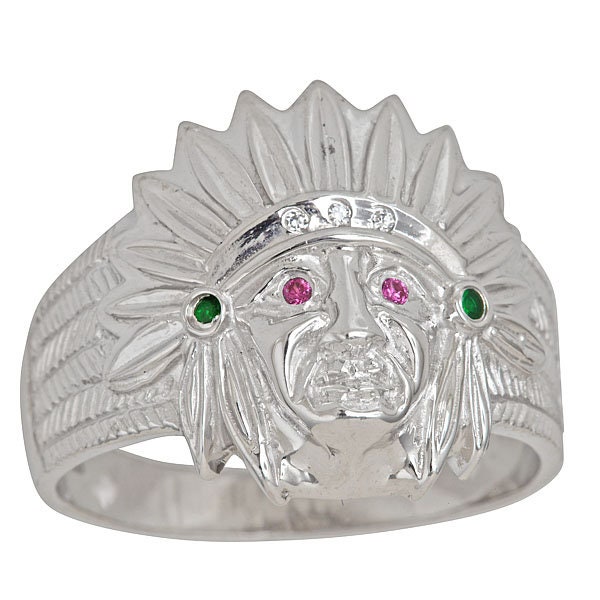 Native American Indian Chief Head Men's Ring fine sterling silver 925 Traditional American Indian tribal Leader Face Men's Ring crystals