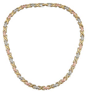 May include: A gold, silver, and rose gold tone necklace with a magnetic clasp. The necklace is made of a chain with a linked pattern.