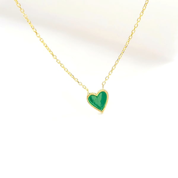 Green Heart Charm Gold Necklace fine sterling silver 925 adjustable Dainty green heart necklace green theme wedding Bridal Party gift