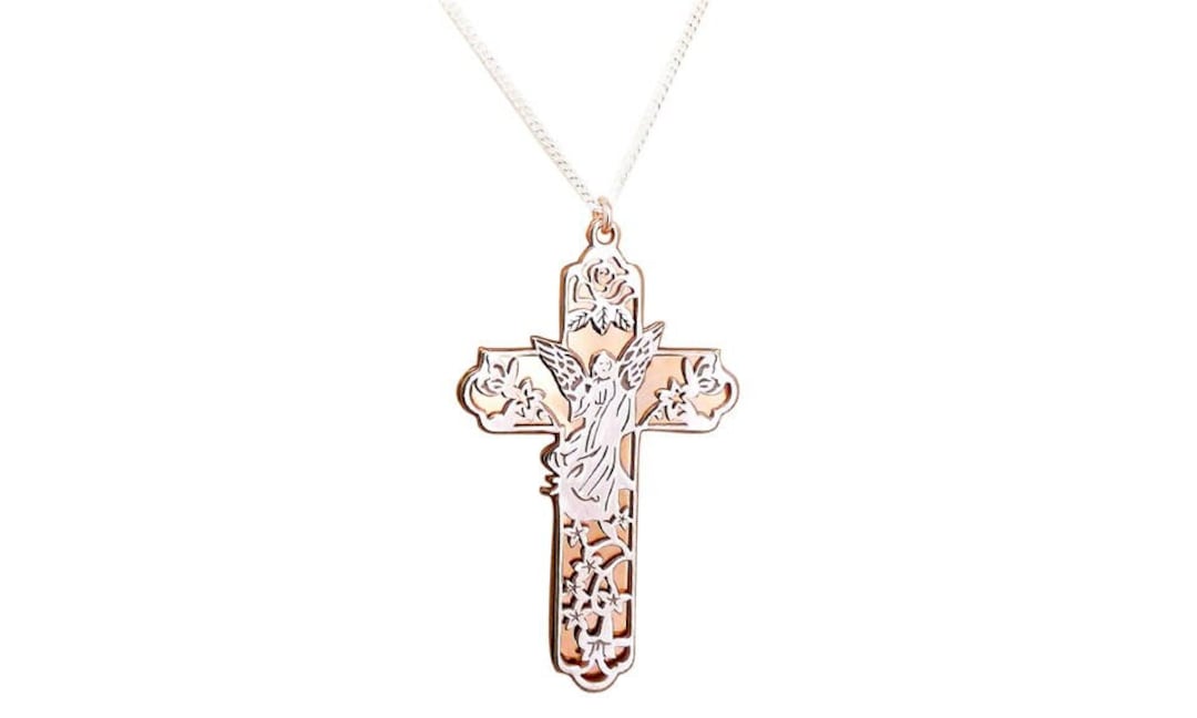 Guardian Angel Cross Necklace Fine Sterling Silver925 Two Tone Etsy