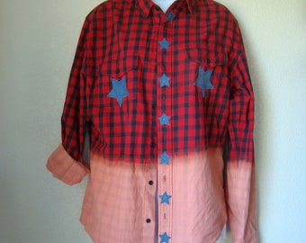 Flannel Shirt Ombre Shirt Red and Black  Shirt Buffalo Plaid Shirt with Denim Star Applique