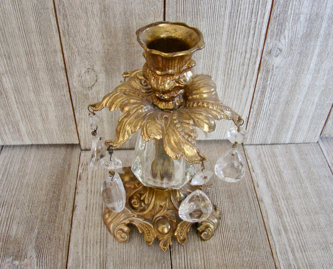 Brass and Glass Candle Holder with Crystal Prisms by L&L WMC Etsy
